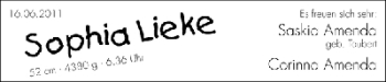Babyanzeige von Sophie Lieke Amenda von WESER-KURIER