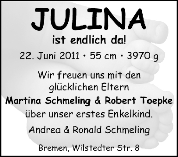 Babyanzeige von Julina  von WESER-KURIER