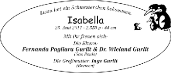 Babyanzeige von Isabella  von WESER-KURIER