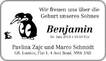 Babyanzeige von Benjamin  von WESER-KURIER