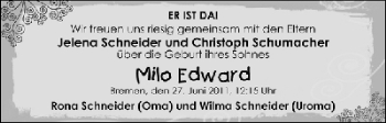 Babyanzeige von Milo Edward  von WESER-KURIER