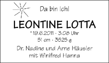 Babyanzeige von Leontine Lotta Häusler von WESER-KURIER