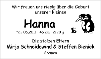 Babyanzeige von Hanna  von WESER-KURIER