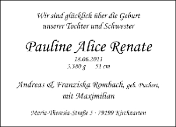 Babyanzeige von Pauline Alice Renate Rombach von WESER-KURIER