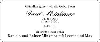 Babyanzeige von Paul Minkmar von WESER-KURIER