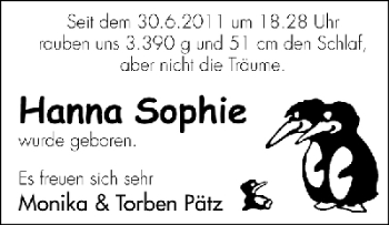 Babyanzeige von Hanna Sophie Pätz von WESER-KURIER