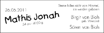 Babyanzeige von Mathis Jonah von Bloh von WESER-KURIER