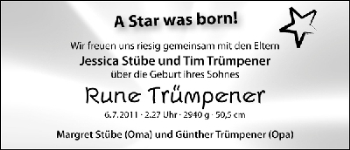 Babyanzeige von Rune Trümper von WESER-KURIER