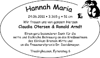 Babyanzeige von Hannah Maria  von WESER-KURIER