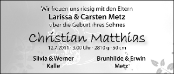 Babyanzeige von Christian Matthias Metz von WESER-KURIER