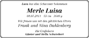 Babyanzeige von Merle Luisa Dahlenberg von WESER-KURIER