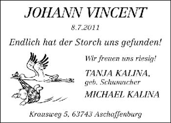 Babyanzeige von Johann Vincent Kalina von WESER-KURIER