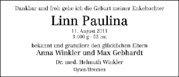 Babyanzeige von Linn Paulina Gebhardt von WESER-KURIER