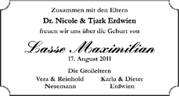 Babyanzeige von Lasse Maximilian Nesemann von WESER-KURIER