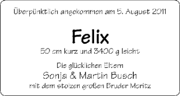 Babyanzeige von Felix Busch von WESER-KURIER