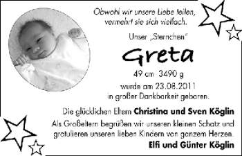 Babyanzeige von Greta Köglin von WESER-KURIER