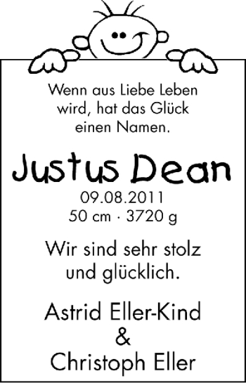 Babyanzeige von Justus Dean  von WESER-KURIER