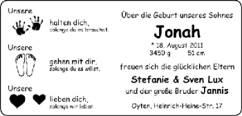 Babyanzeige von Jonah Lux von WESER-KURIER