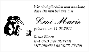 Babyanzeige von Leni Marie Butter von WESER-KURIER
