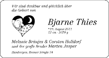 Babyanzeige von Bjarne Thies von WESER-KURIER