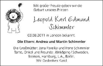 Babyanzeige von Leopold Karl Edmund Schimmler von WESER-KURIER