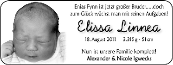 Babyanzeige von Elissa Linnea Igweck von WESER-KURIER