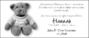 Babyanzeige von Hannah  von WESER-KURIER