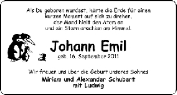 Babyanzeige von Johann Emil Schubert von WESER-KURIER