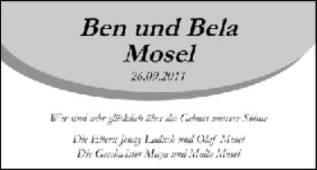 Babyanzeige von Ben und Bela Mosel von WESER-KURIER