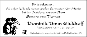 Babyanzeige von Dominik Timm Eickhoff von WESER-KURIER