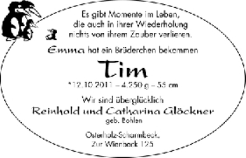 Babyanzeige von Tim Glöckner von WESER-KURIER