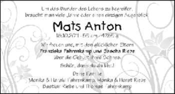 Babyanzeige von Mats Anton  von WESER-KURIER