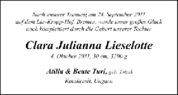 Babyanzeige von Clara Julianna Lieselotte Turi von WESER-KURIER