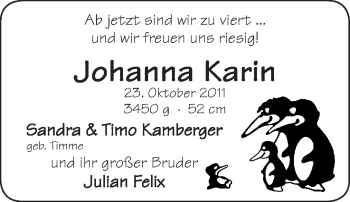 Babyanzeige von Johanna Karin Kamberger von WESER-KURIER