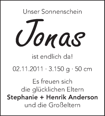 Babyanzeige von Jonas Anderson von WESER-KURIER
