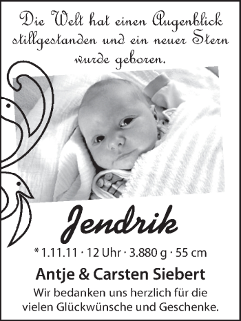Babyanzeige von Jendrik Siebert von WESER-KURIER