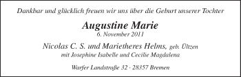 Babyanzeige von Augustine Marie Helms von WESER-KURIER