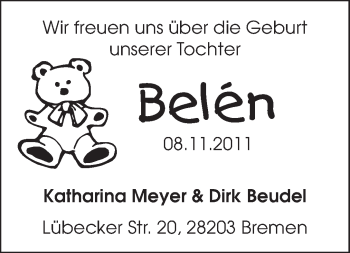Babyanzeige von Belen  von WESER-KURIER