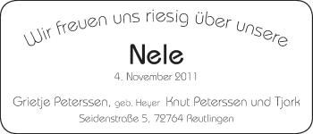 Babyanzeige von Nele Peterssen von WESER-KURIER