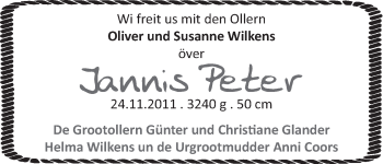 Babyanzeige von Jannis Peter Wilkens von WESER-KURIER