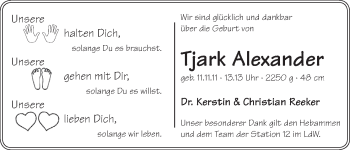 Babyanzeige von Tjark Alexander Reeker von WESER-KURIER