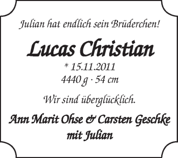 Babyanzeige von Lucas Christian Geschke von WESER-KURIER