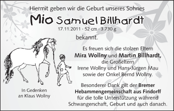 Babyanzeige von Mio Samuel Billhardt von WESER-KURIER