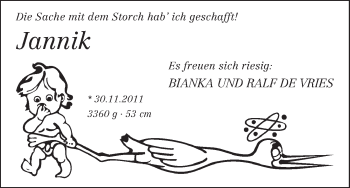 Babyanzeige von Jannik de Vries von WESER-KURIER
