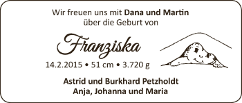 Babyanzeige von Franziska  von WESER-KURIER