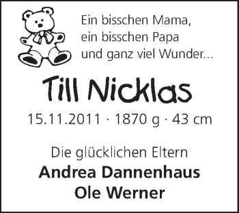 Babyanzeige von Till Nicklas  von WESER-KURIER