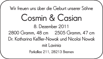 Babyanzeige von Cosmin und Casian Nowak von WESER-KURIER