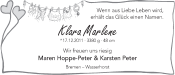 Babyanzeige von Klara Marlene Peter von WESER-KURIER