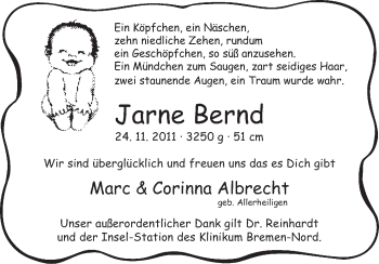 Babyanzeige von Jarne Bernd Albrecht von WESER-KURIER