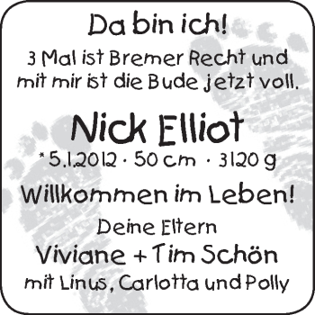 Babyanzeige von Nick Elliot Schön von WESER-KURIER